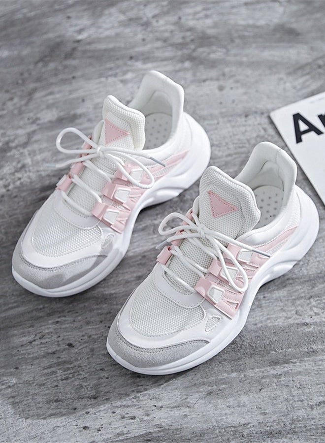 Faux Leather Lace Up Trainers Pink/White  - Image 2