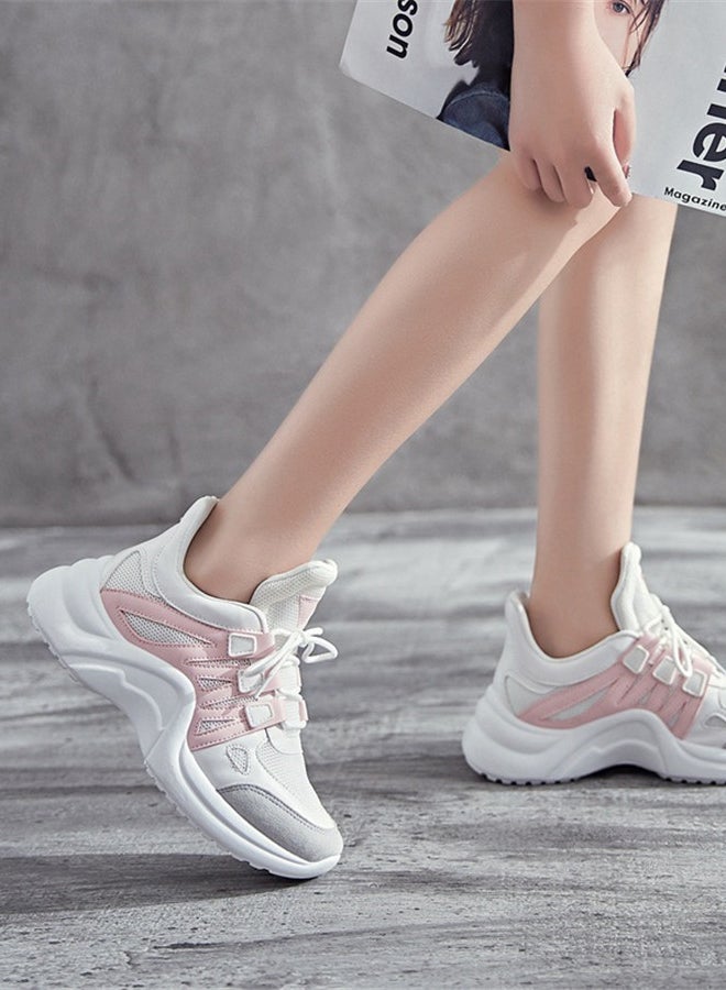 Faux Leather Lace Up Trainers Pink/White  - Image 4