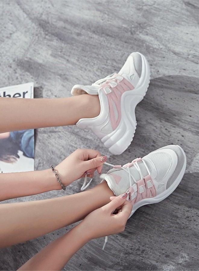 Faux Leather Lace Up Trainers Pink/White  - Image 5