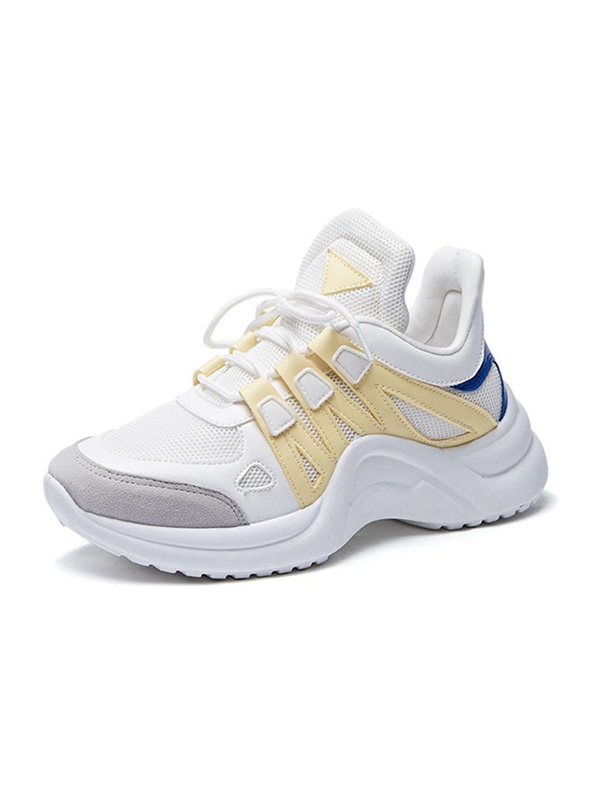 Faux Leather Lace Up Trainers Yellow/White - Image 1