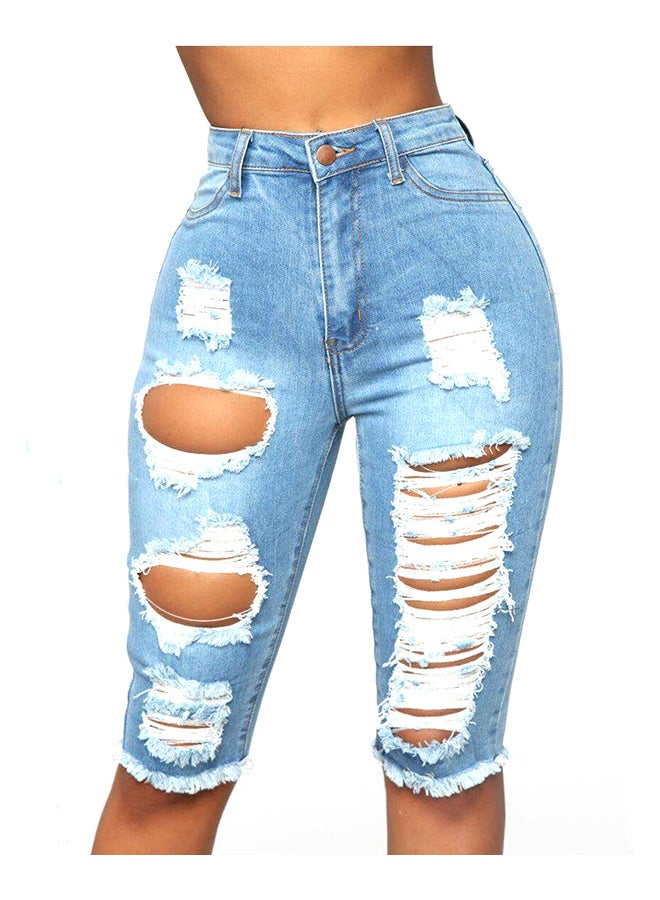 Frayed Button Zipper Short Pants Blue - Image 2