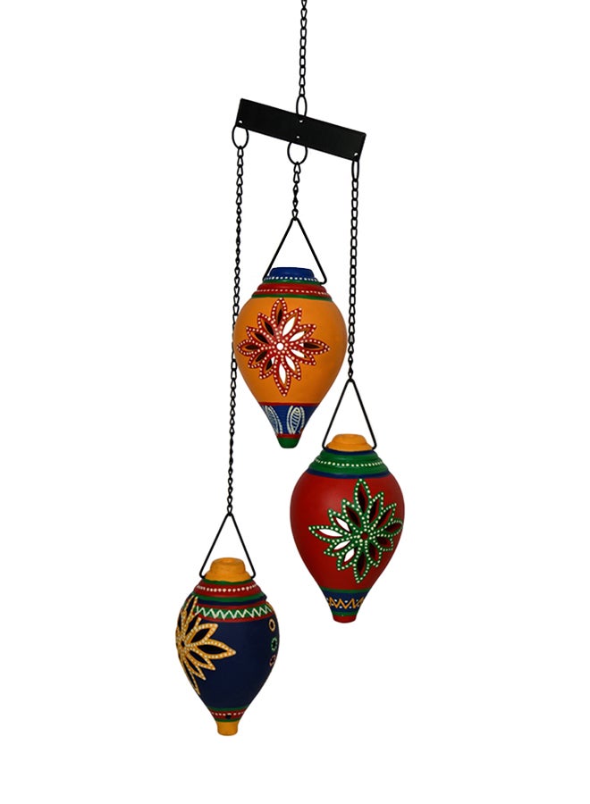 Set Of 3 Terracotta Handpainted Hanging Shankh Tea Light Multicolour 12inch