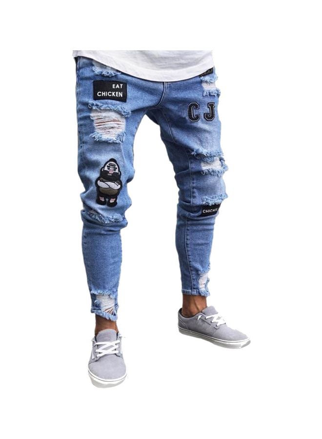 بنطال جينز بتصميم ممزق وخصر متوسط الارتفاع أزرق  - Image 1