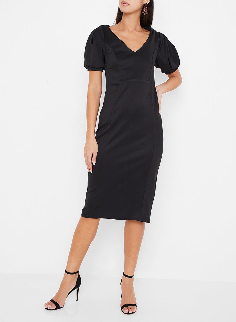 Stock V-Neck Puffy Sleeves Midi Dress Black  - Image 2