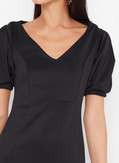 Stock V-Neck Puffy Sleeves Midi Dress Black  - Image 4
