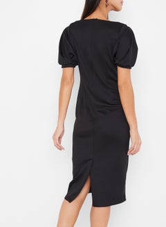 Stock V-Neck Puffy Sleeves Midi Dress Black  - Image 3