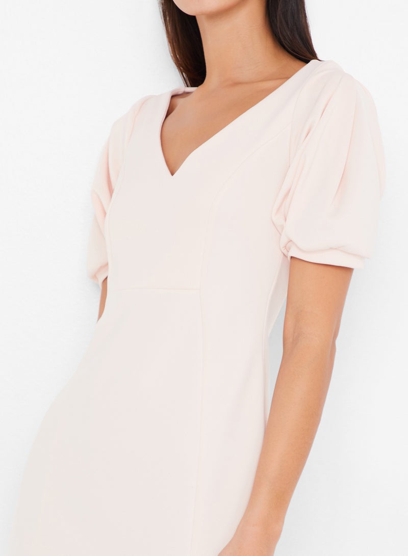 Stock V-Neck Puffy Sleeves Midi Dress Peach  - Image 4