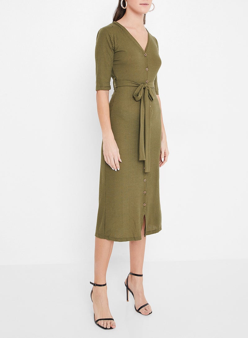 Stock - Knit Belted Short Sleeve Dress Olive - Image 1