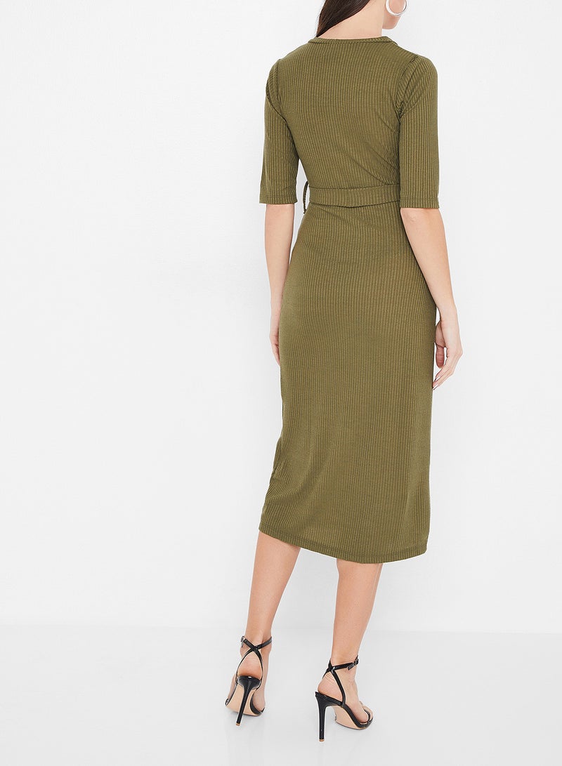 Stock - Knit Belted Short Sleeve Dress Olive - Image 1