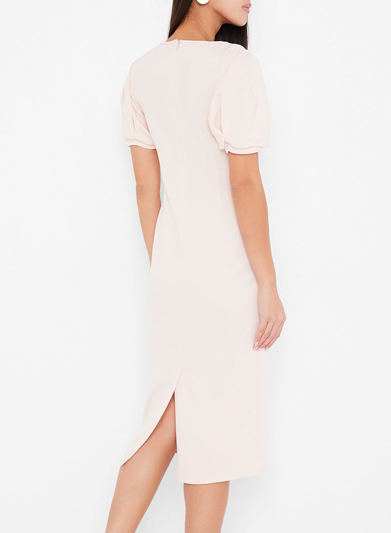 Stock V-Neck Puffy Sleeves Midi Dress Peach  - Image 3