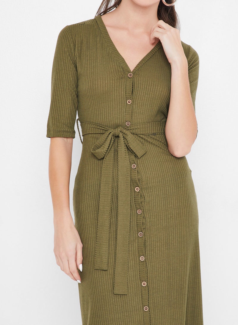 Stock - Knit Belted Short Sleeve Dress Olive - Image 1