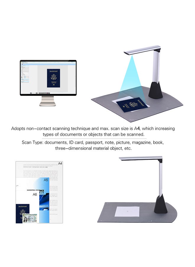 Generic - Portable High Speed USB Book Image Document Camera Scanner 10 Mega-pixel HD High-Definition Max. A4 Scanning Size with OCR Function LED Light for Classroom Office Library Bank White - Image 1