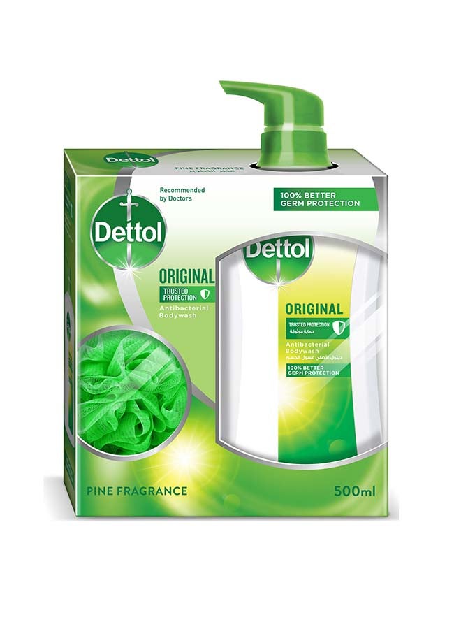 Dettol Anti-Bacterial Body Wash With Puff White/Green 500ml 