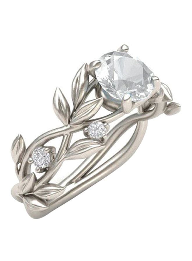 خاتم بتصميم عصري على شكل فرع زهرة, مطلي بالذهب الأبيض ومرصع بحجر الزيركون