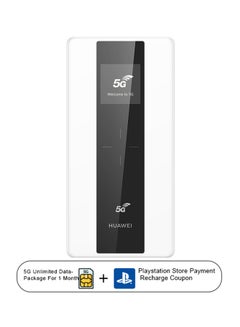 5G Mobile WiFi Pro Router, E6878-370, White With 5G Unlimited Data Package For 1 month And PlayStation Store Recharge Card White