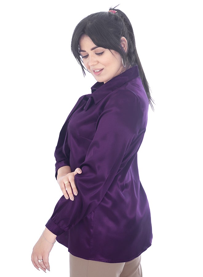Smoky Egypt Silk Blend With Removable Bow Tie Blouse Purple  - Image 4