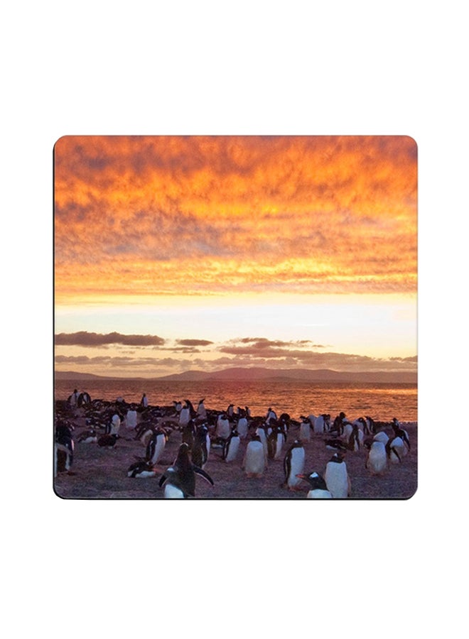 Penguins Colony Sunset Printed Coaster Multicolour 9x9cm 