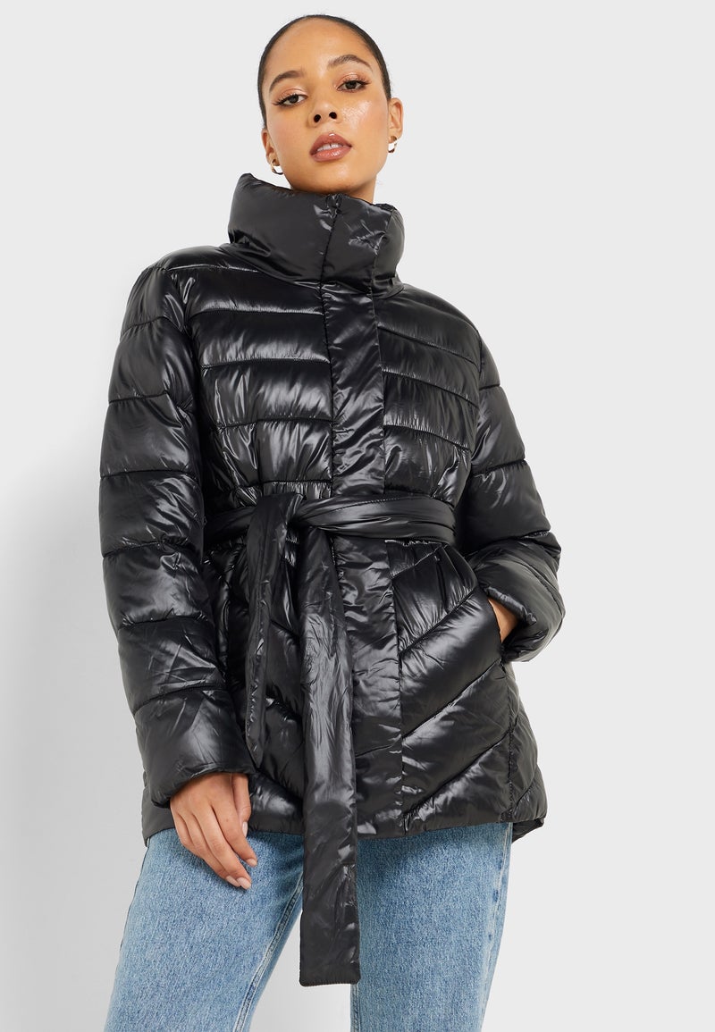 Reserved Tie Waist Quilted Jacket black - Image 1