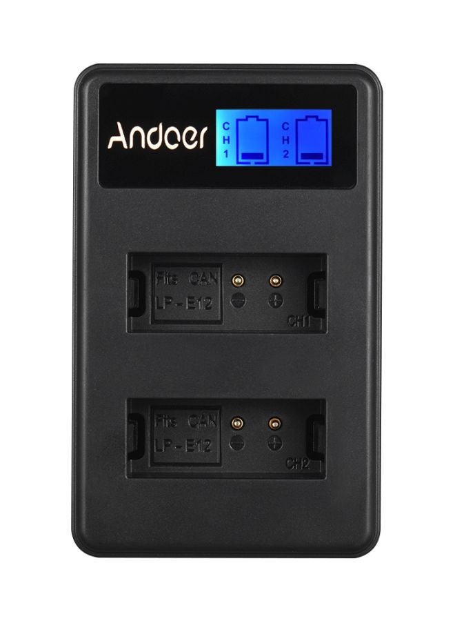 أندوير شاحن بطارية كاميرا صغير الحجم مزود بقناتين وشاشة LCD2-LPE12 لكاميرا كانون LP-E12 أسود - Image 1