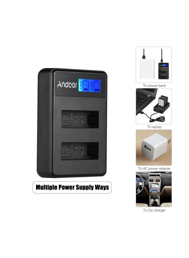 أندوير شاحن بطارية كاميرا صغير الحجم مزود بقناتين وشاشة LCD2-LPE12 لكاميرا كانون LP-E12 أسود - Image 4