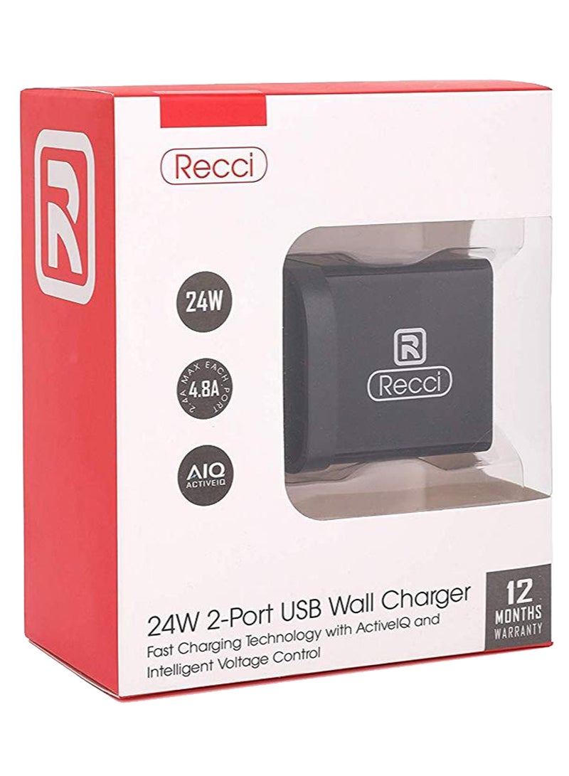 Recci Dual USB Wall Charger Black - Image 1