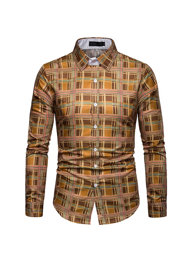 Long Sleeves Collared Neck Shirt Yellow/Brown - Image 1