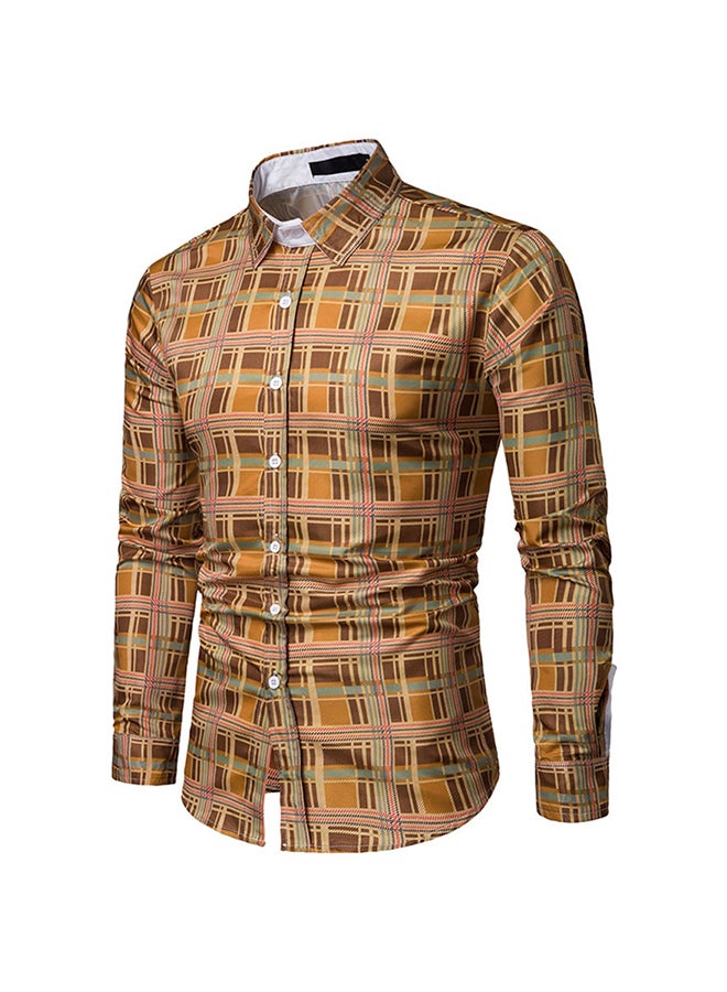 Long Sleeves Collared Neck Shirt Yellow/Brown - Image 3