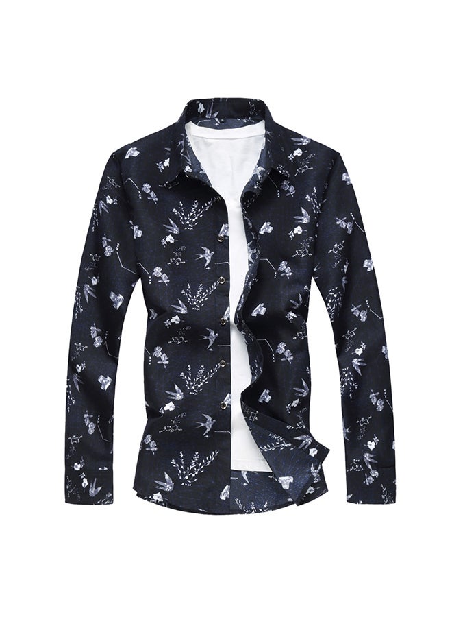 Floral Pattern Long Sleeves Collared Neck Shirt Navy/White  - Image 1