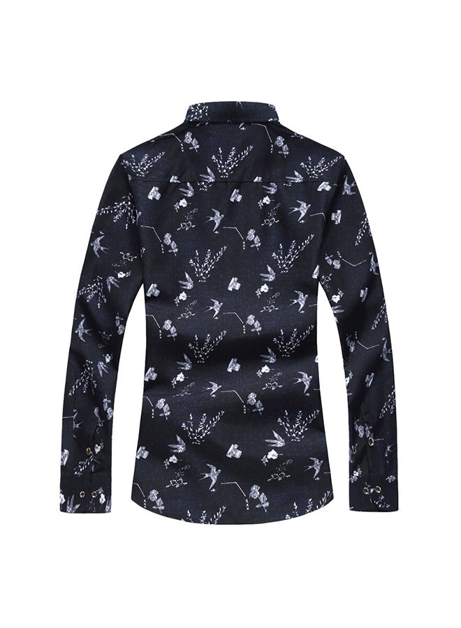 Floral Pattern Long Sleeves Collared Neck Shirt Navy/White  - Image 2