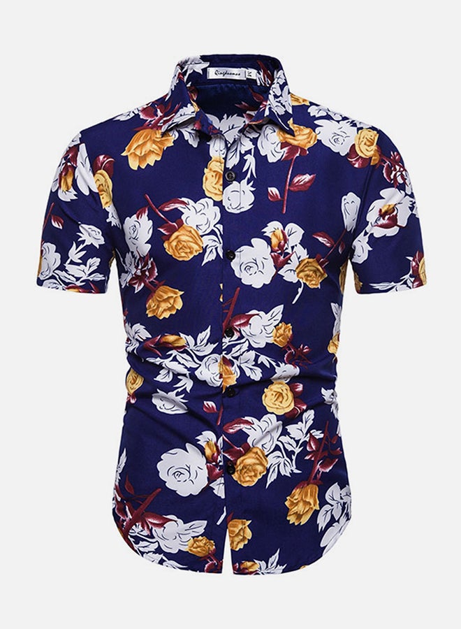 Foral Print Short Sleeves Collared Neck Shirt Blue/White/Yellow  - Image 1