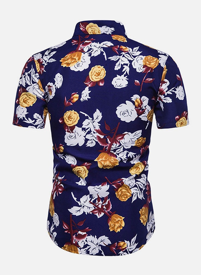 Foral Print Short Sleeves Collared Neck Shirt Blue/White/Yellow  - Image 2