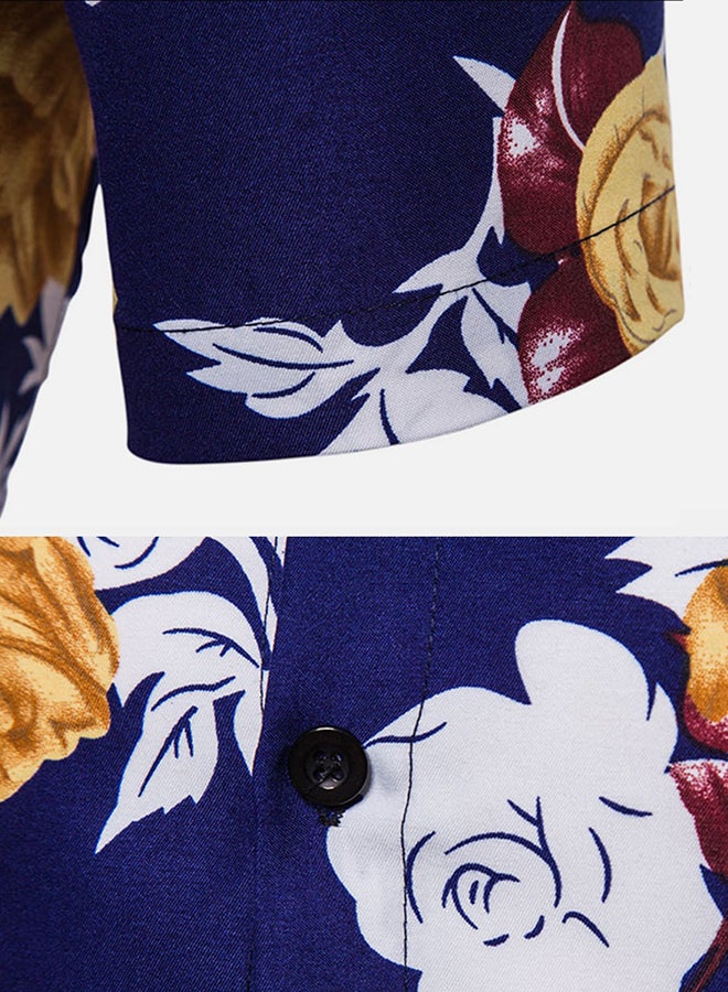 Foral Print Short Sleeves Collared Neck Shirt Blue/White/Yellow  - Image 3