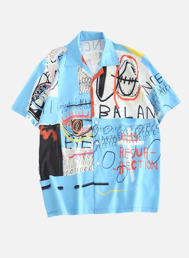 قميص بياقة دائرية وأكمام قصيرة أزرق/ أبيض/أحمر - Image 1