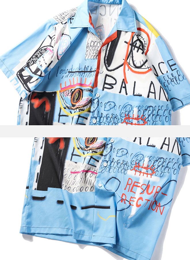 قميص بياقة دائرية وأكمام قصيرة أزرق/ أبيض/أحمر - Image 3