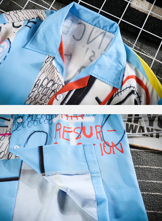 قميص بياقة دائرية وأكمام قصيرة أزرق/ أبيض/أحمر - Image 4