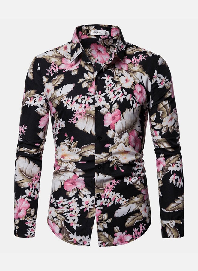 Floral Pattern Long Sleeves Collared Neck Shirt Black/Pink/White  - Image 1
