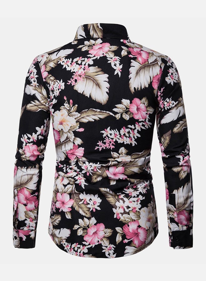Floral Pattern Long Sleeves Collared Neck Shirt Black/Pink/White  - Image 2