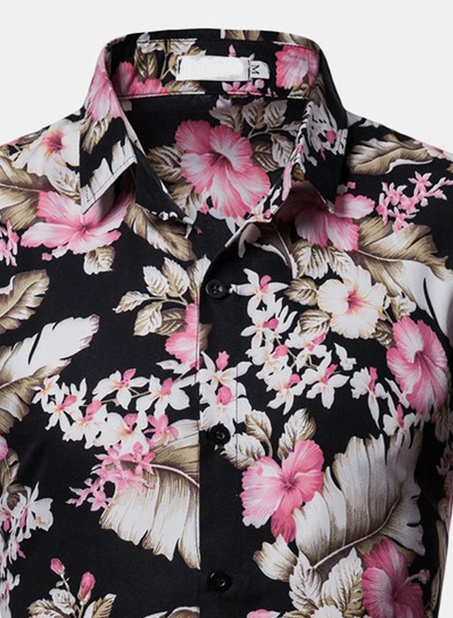 Floral Pattern Long Sleeves Collared Neck Shirt Black/Pink/White  - Image 3