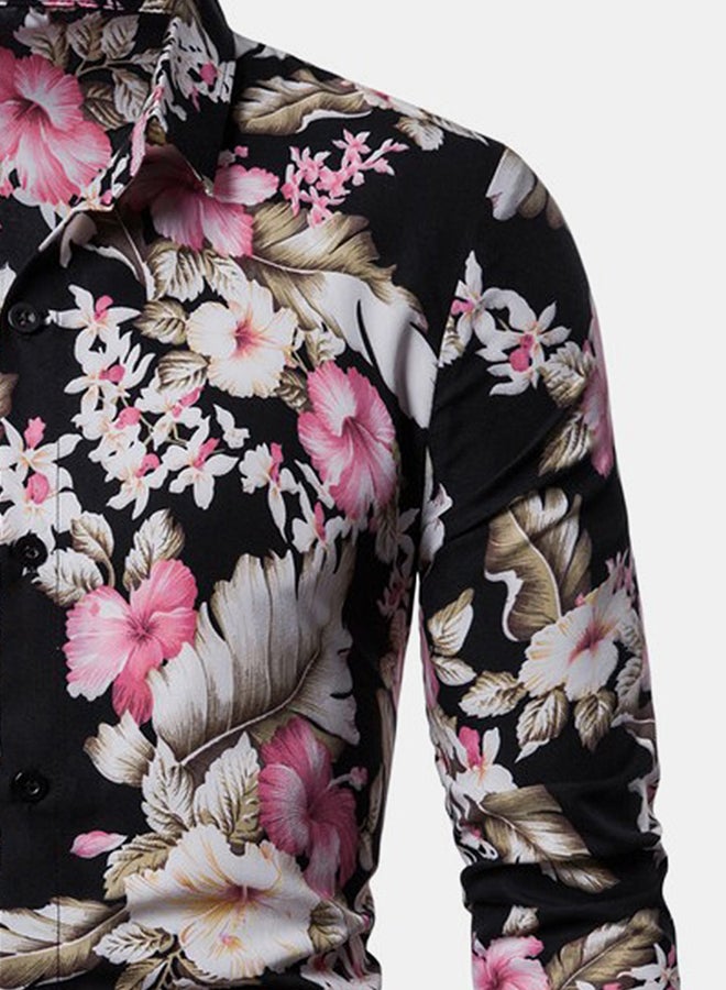 Floral Pattern Long Sleeves Collared Neck Shirt Black/Pink/White  - Image 4
