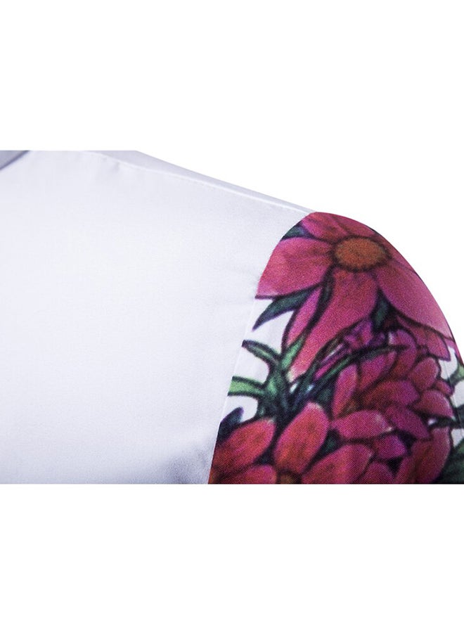 Floral Pattern Long Sleeves Collared Neck Shirt White/Red/Green  - Image 3