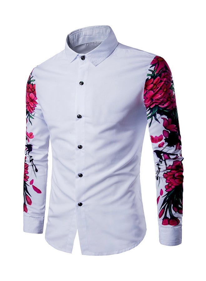 Floral Pattern Long Sleeves Collared Neck Shirt White/Red/Green  - Image 1