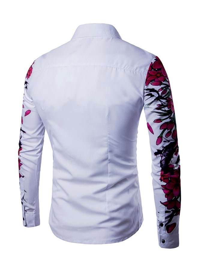 Floral Pattern Long Sleeves Collared Neck Shirt White/Red/Green  - Image 2