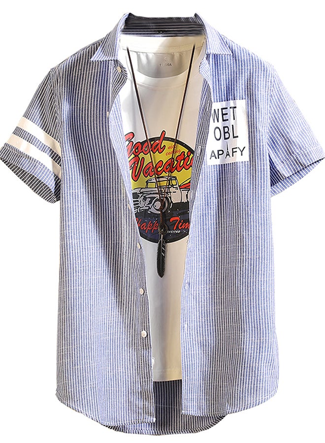 Printed Short Sleeves Collared Neck Shirt Navy/White  - Image 1