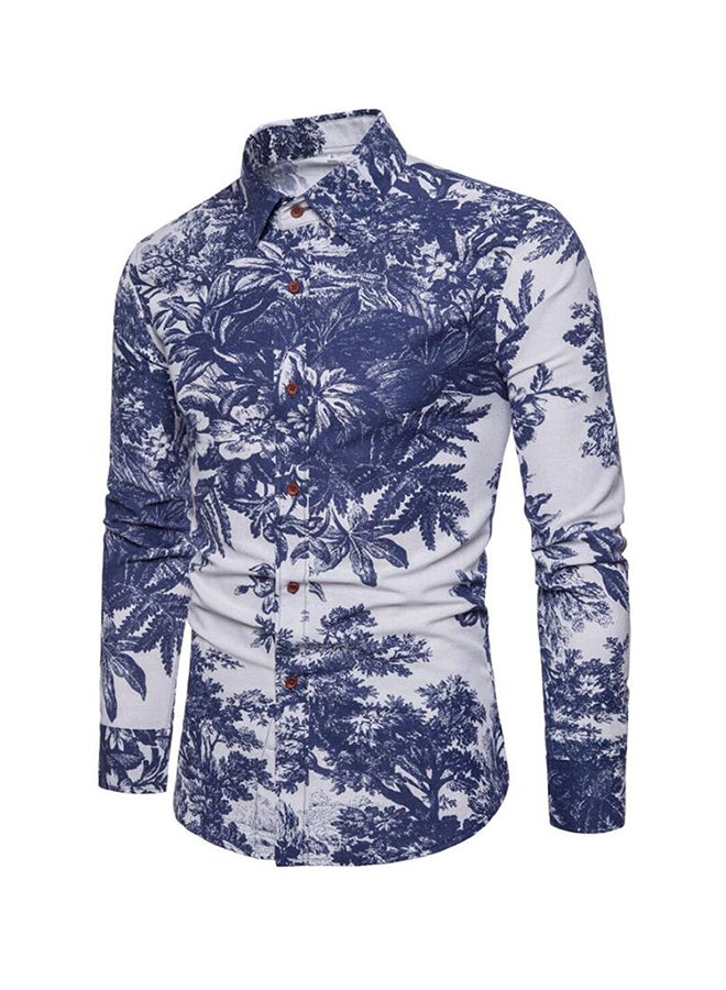 Collared Neck Long Sleeve Shirt Blue - Image 1