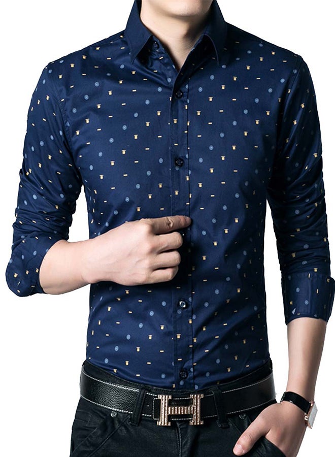 قميص برقبة بقبة وأكمام طويلة البحرية / الأخضر - Image 1