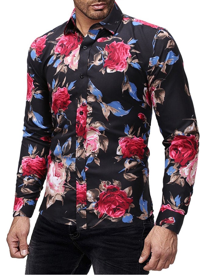 Floral Pattern Long Sleeves Collared Neck Shirt Black/Red/Blue - Image 3