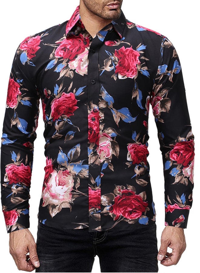Floral Pattern Long Sleeves Collared Neck Shirt Black/Red/Blue - Image 1