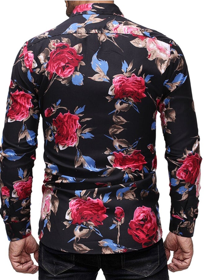 Floral Pattern Long Sleeves Collared Neck Shirt Black/Red/Blue - Image 2