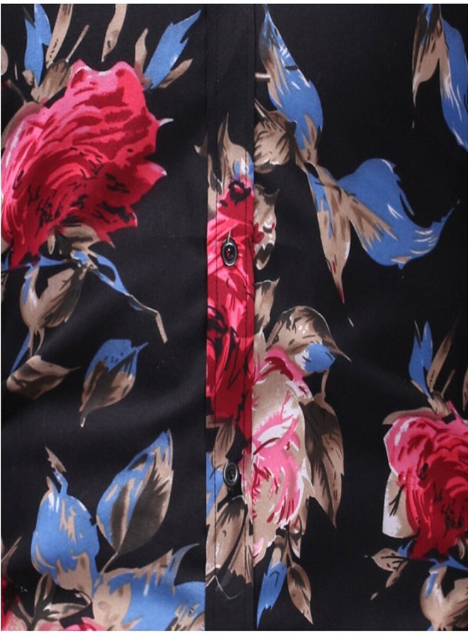 Floral Pattern Long Sleeves Collared Neck Shirt Black/Red/Blue - Image 4