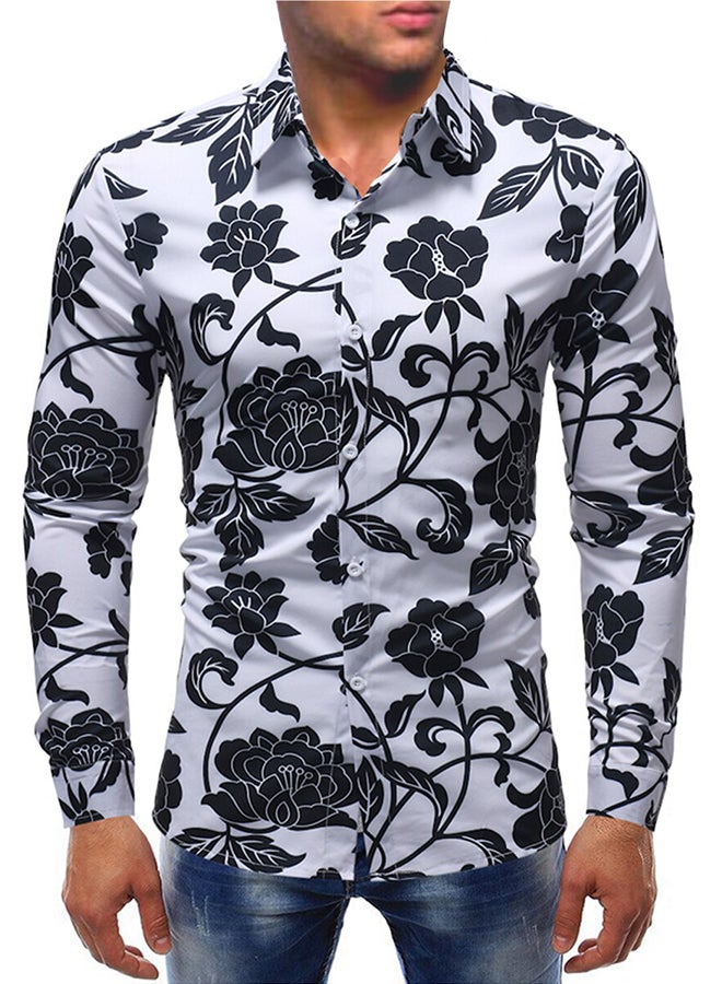 Floral Pattern Long Sleeves Collared Neck Shirt Black/White  - Image 1